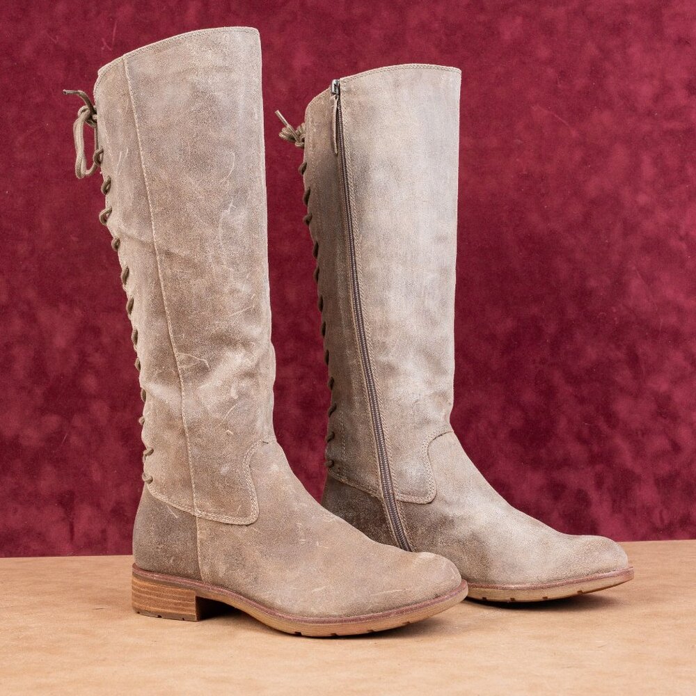 Sofft Women Sharnell Distressed Grey Suede Lace-up Western Zip Knee Boots sz 8.5